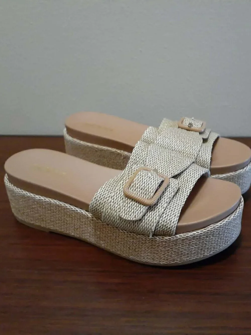 SODA Raffia Slide Platform Tan Sandals